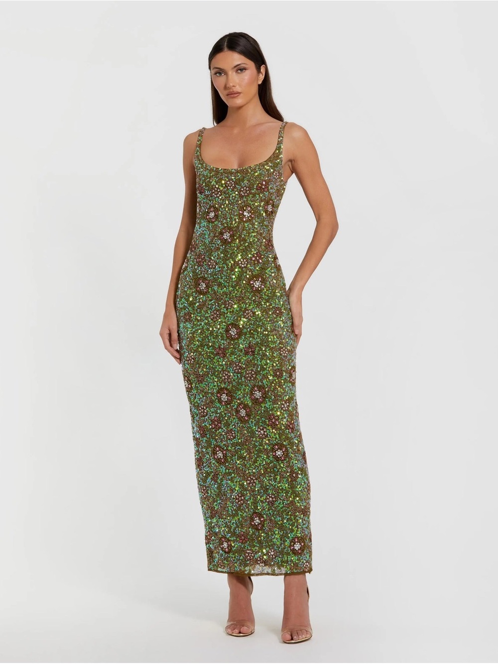 ISOOOO Mac Duggal Olive Green Sequin Floral Scoop-Neck Gown